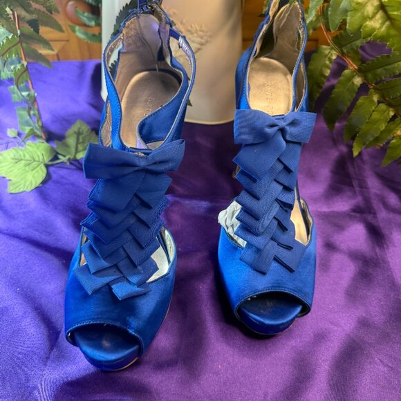 πKate Preston Beautiful Royal Blue 5" Satin Sandals Open Toe and Zipper - Picture 1 of 14